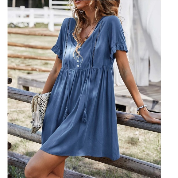 Boho Khaki Button Detail Ruffle Short Sleeve Mini Dress - Picture 3 of 9